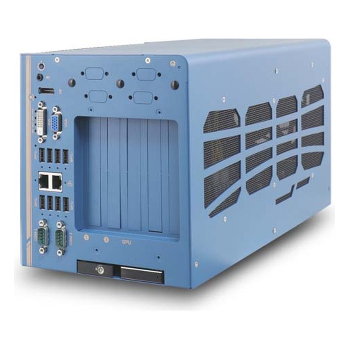 Neousys Nuvo-8108GC-XL GPU edge computer, angled view of the longer chassis with vented side panel