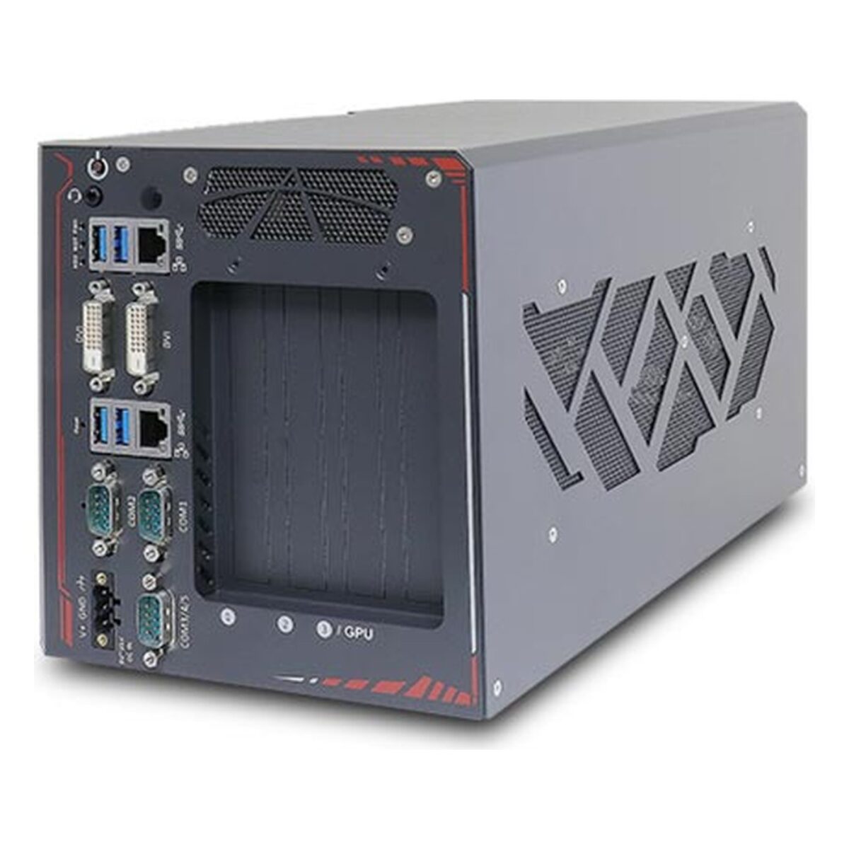 Neousys Nuvo-8111 rugged AI PC, angled view with front I/O, PCIe and PCI slot covers and vented side panel