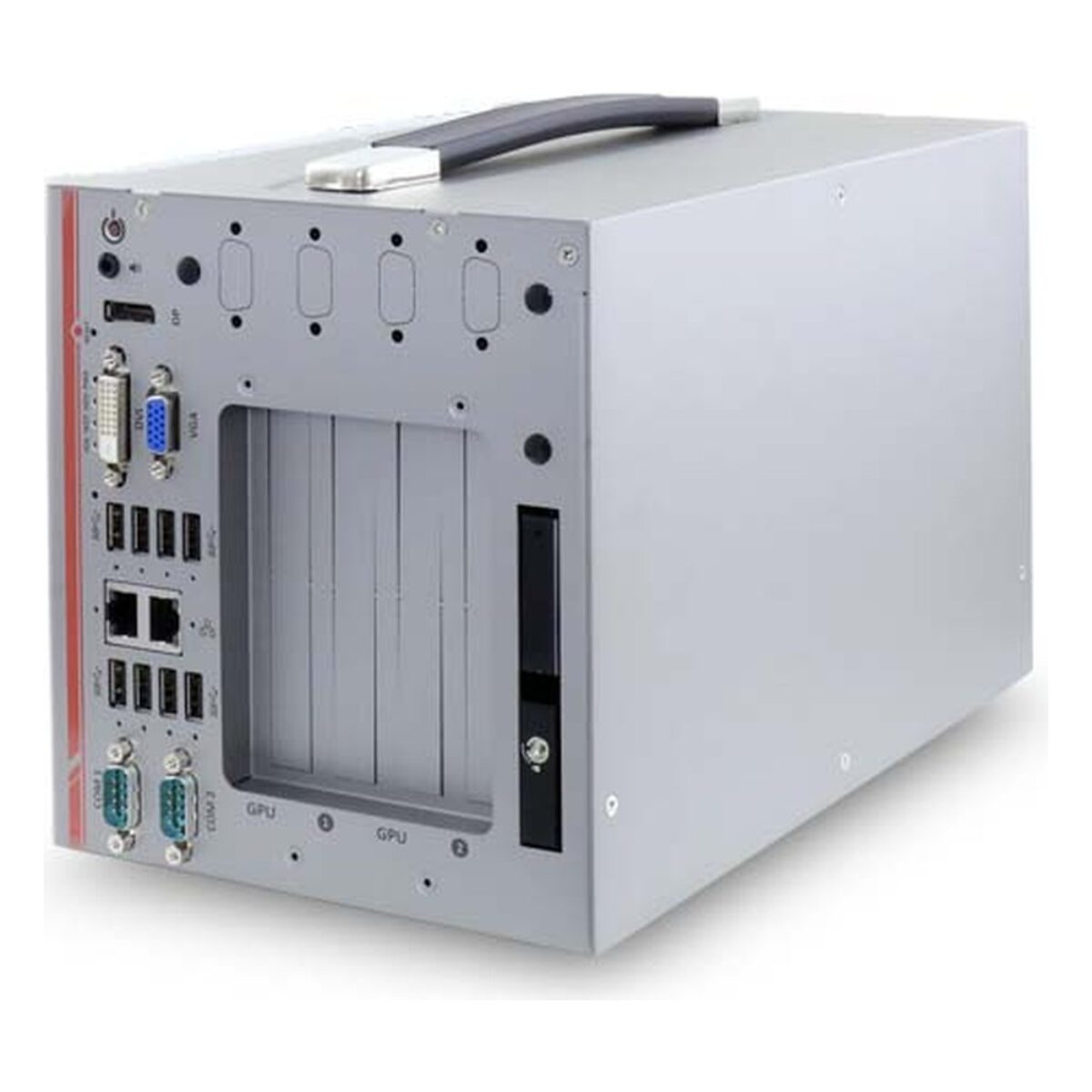 Neousys Nuvo-8240GC AI inference server, angled view with carry handle, front I/O, GPU slots and hot-swap tray