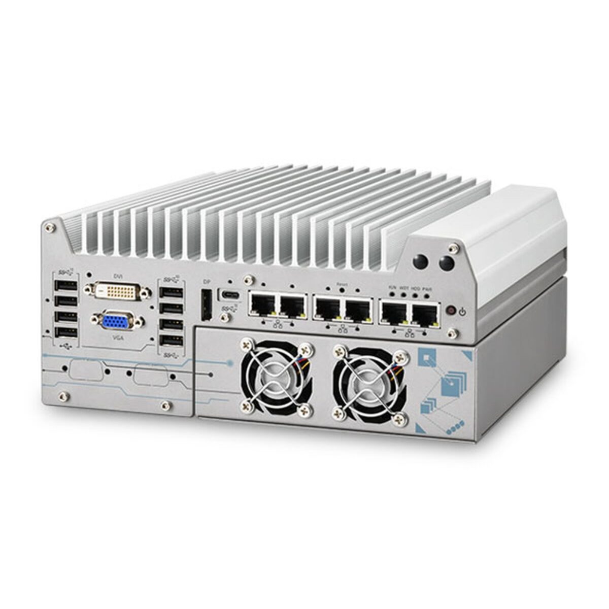 Neousys Nuvo-9154GC AMR computer, three-quarter view with finned heatsink, USB, DVI, VGA, six LAN ports and GPU cassette fans