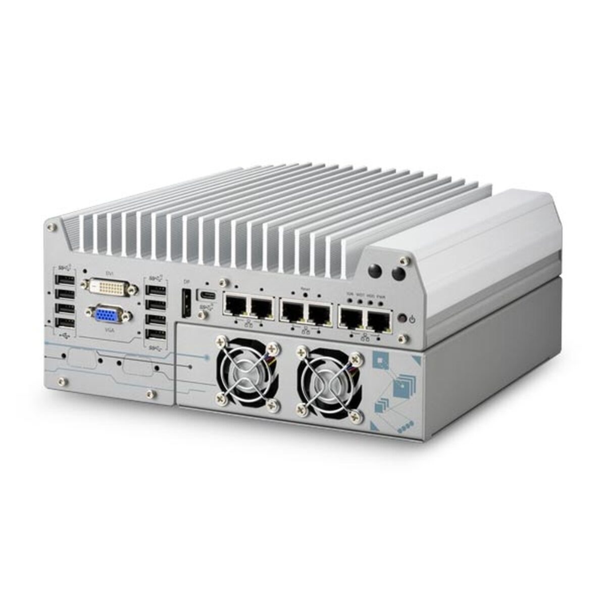 Neousys Nuvo-9160GC industrial PC with GPU, three-quarter view with finned heatsink, USB, DVI, VGA and dual-fan RTX cassette