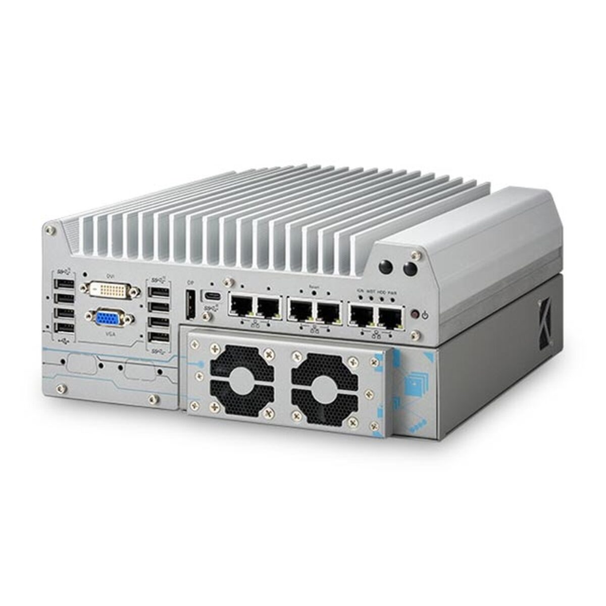 Neousys Nuvo-9166GC rugged edge AI computer, three-quarter view with finned heatsink, USB, DVI, VGA and dual-fan cassette