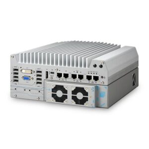 Neousys Nuvo-9166GC rugged edge AI computer, three-quarter view with finned heatsink, USB, DVI, VGA and dual-fan cassette