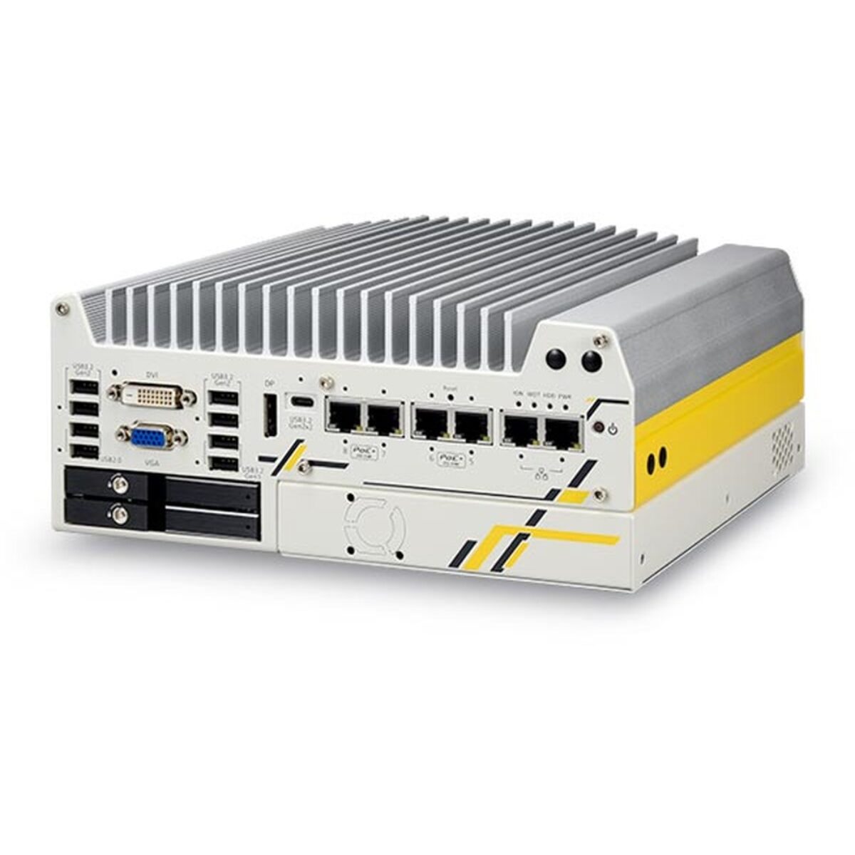 Neousys Nuvo-9200VTC rugged in-vehicle computer, rear three-quarter view, DVI, VGA, USB, RJ45 ports and hot-swap drive trays