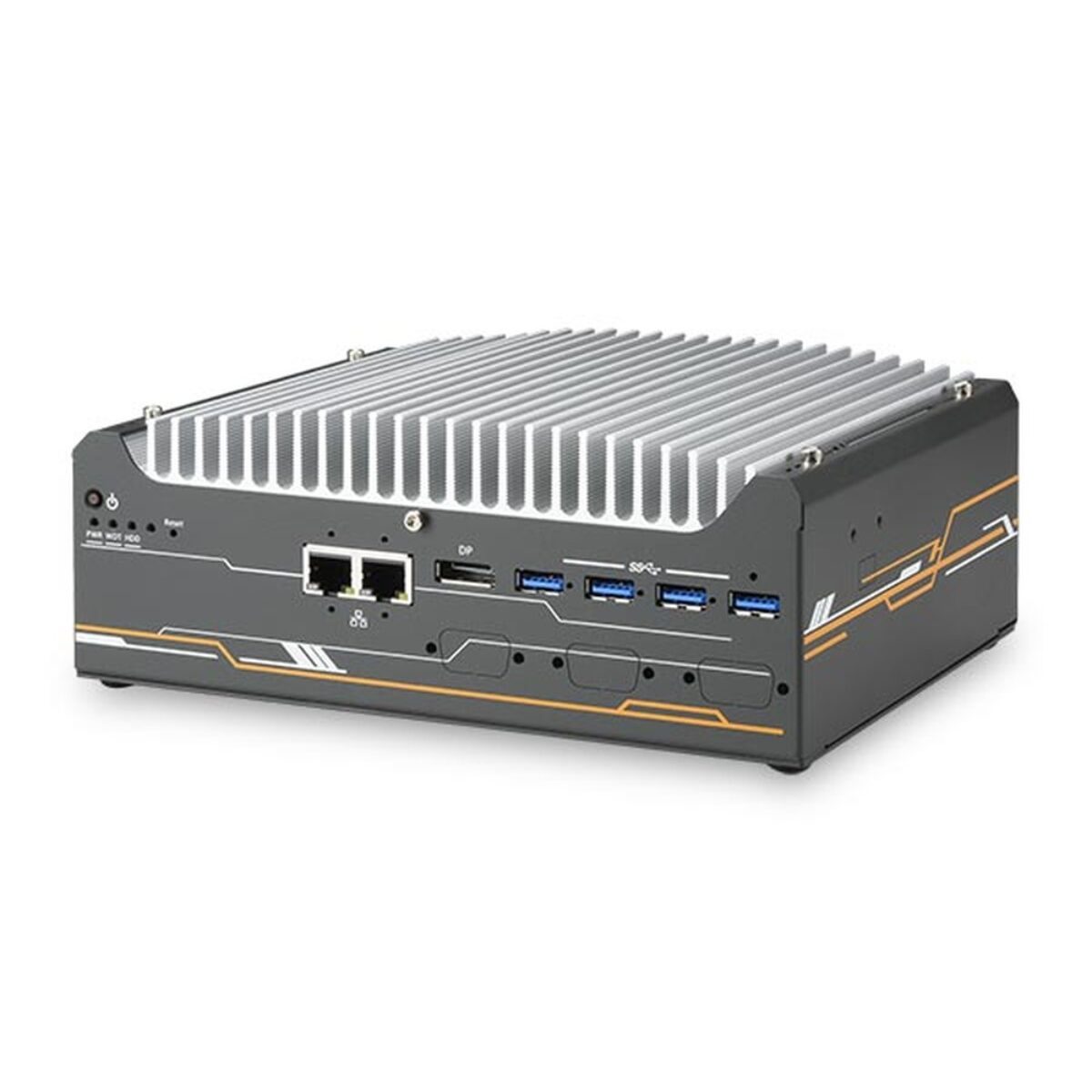 Neousys Nuvo-9501 compact industrial PC front panel with two 2.5GbE ports, DisplayPort, four USB 3.2 and finned heatsink
