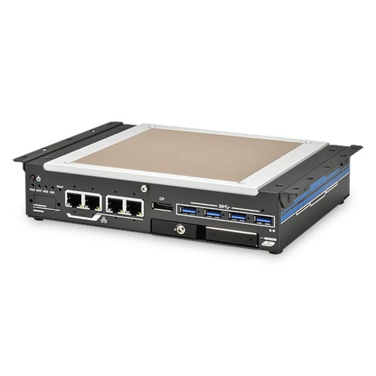 Neousys Nuvo-9531-FT compact industrial PC angled view with flat-top copper thermal pad, four 2.5GbE, DisplayPort and USB 3.2