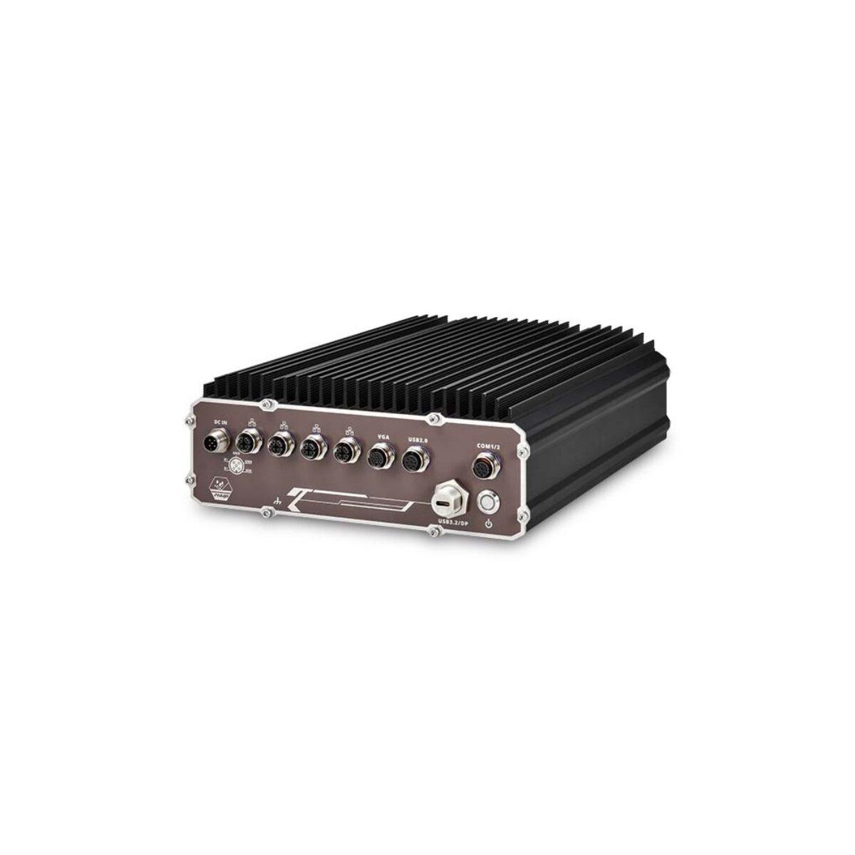 Neousys Nuvo-9650AWP IP66 waterproof PC, angled view of finned chassis and M12 panel with DC IN, VGA, USB 2.0 and COM1/2