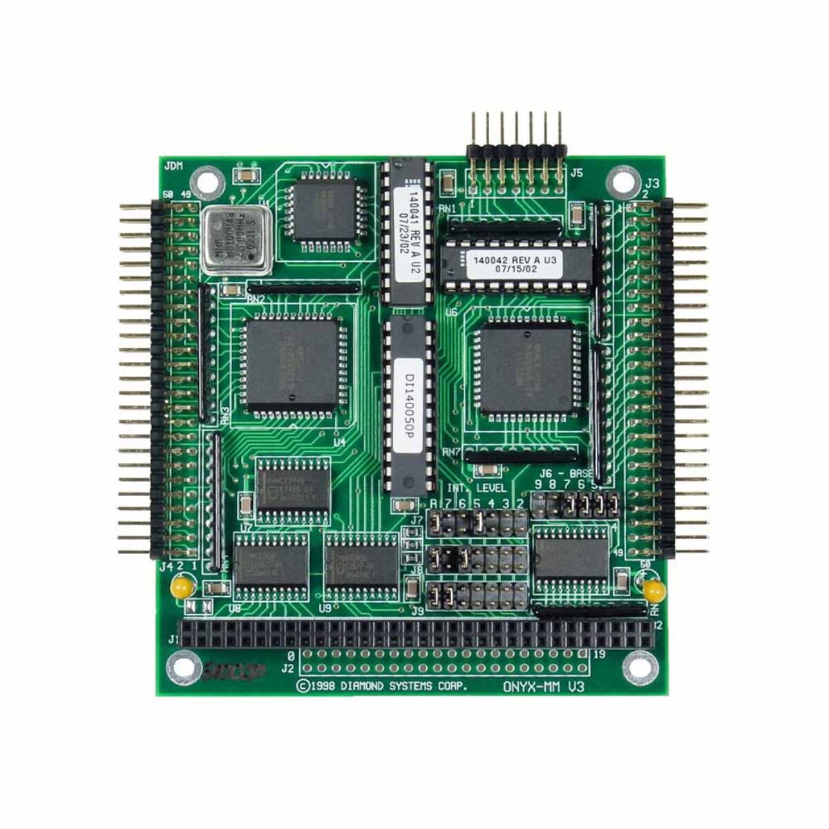 Diamond Systems OMM-XT PC/104 digital I/O module, top view with two I/O headers, ISA stack connector and jumper blocks