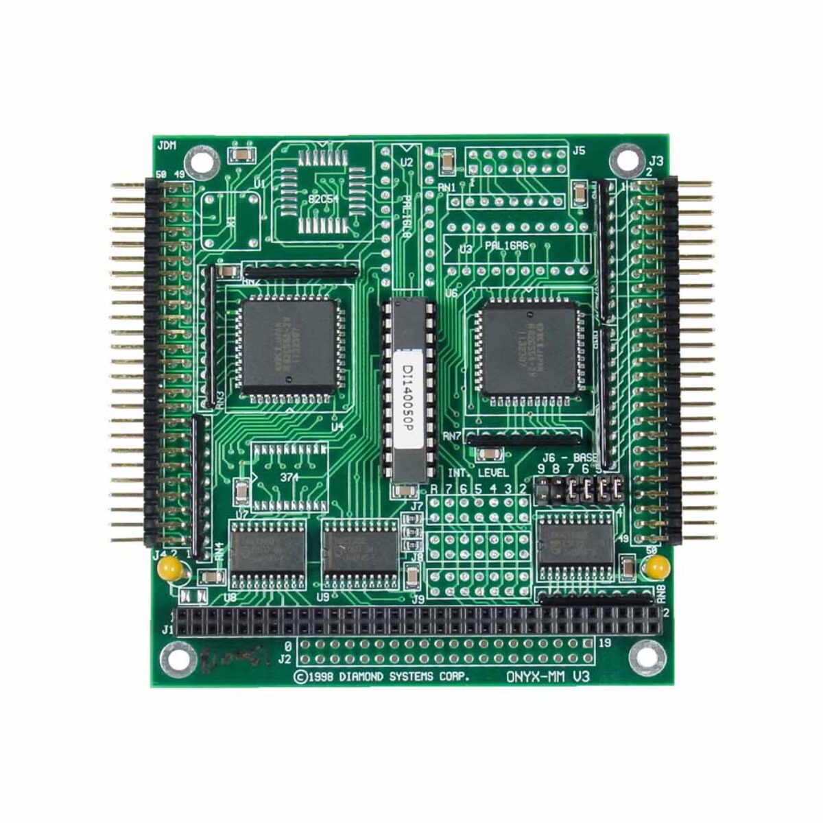 Diamond Systems ONYX-MM-DIO PC/104 digital I/O module, top view with two I/O headers, ISA stack connector and jumper block