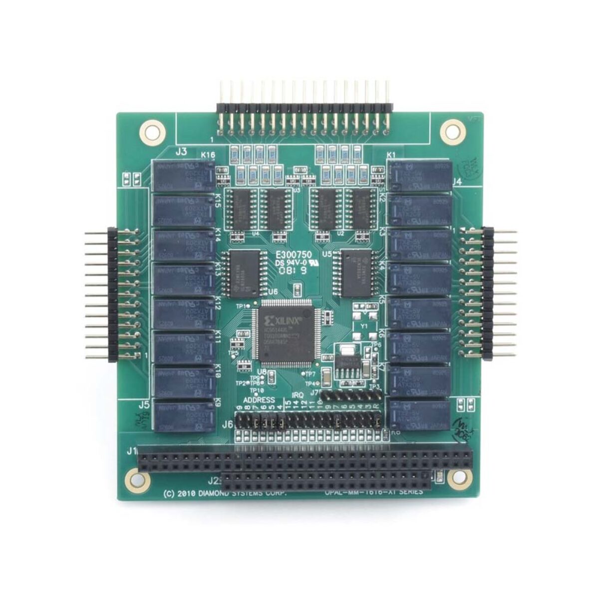 Diamond Systems OPMM-1616-XT PC/104 optoisolated input and relay output module, top view with 16 relays and I/O headers