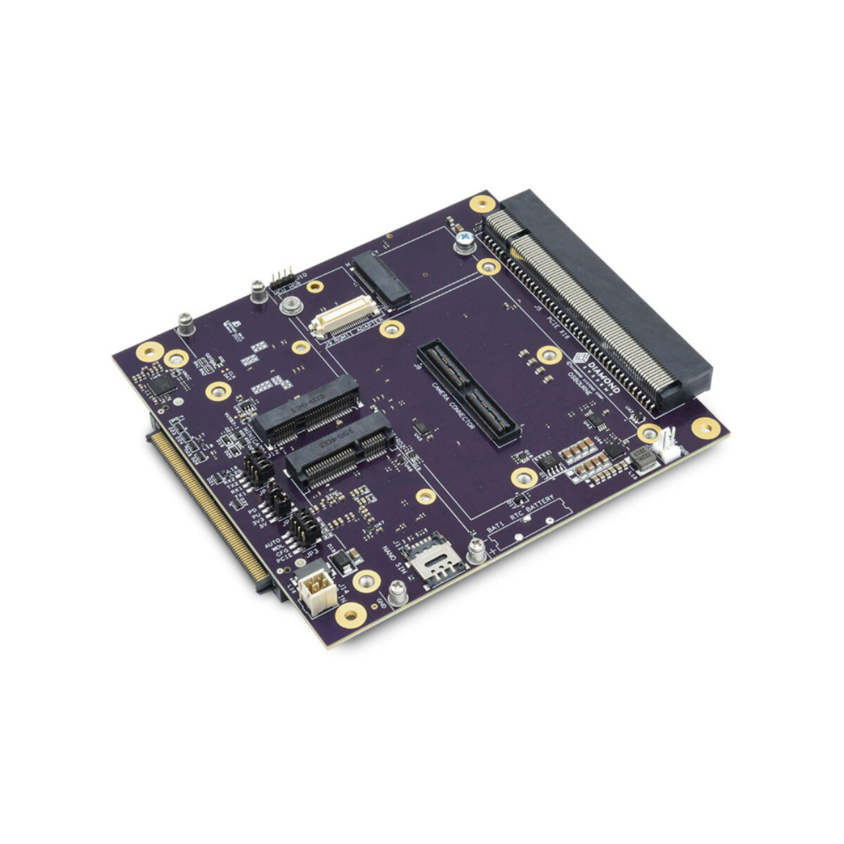 Diamond Systems OSBOURNE Jetson AGX Orin carrier board, angled view with camera connector, two card slots and SIM holder