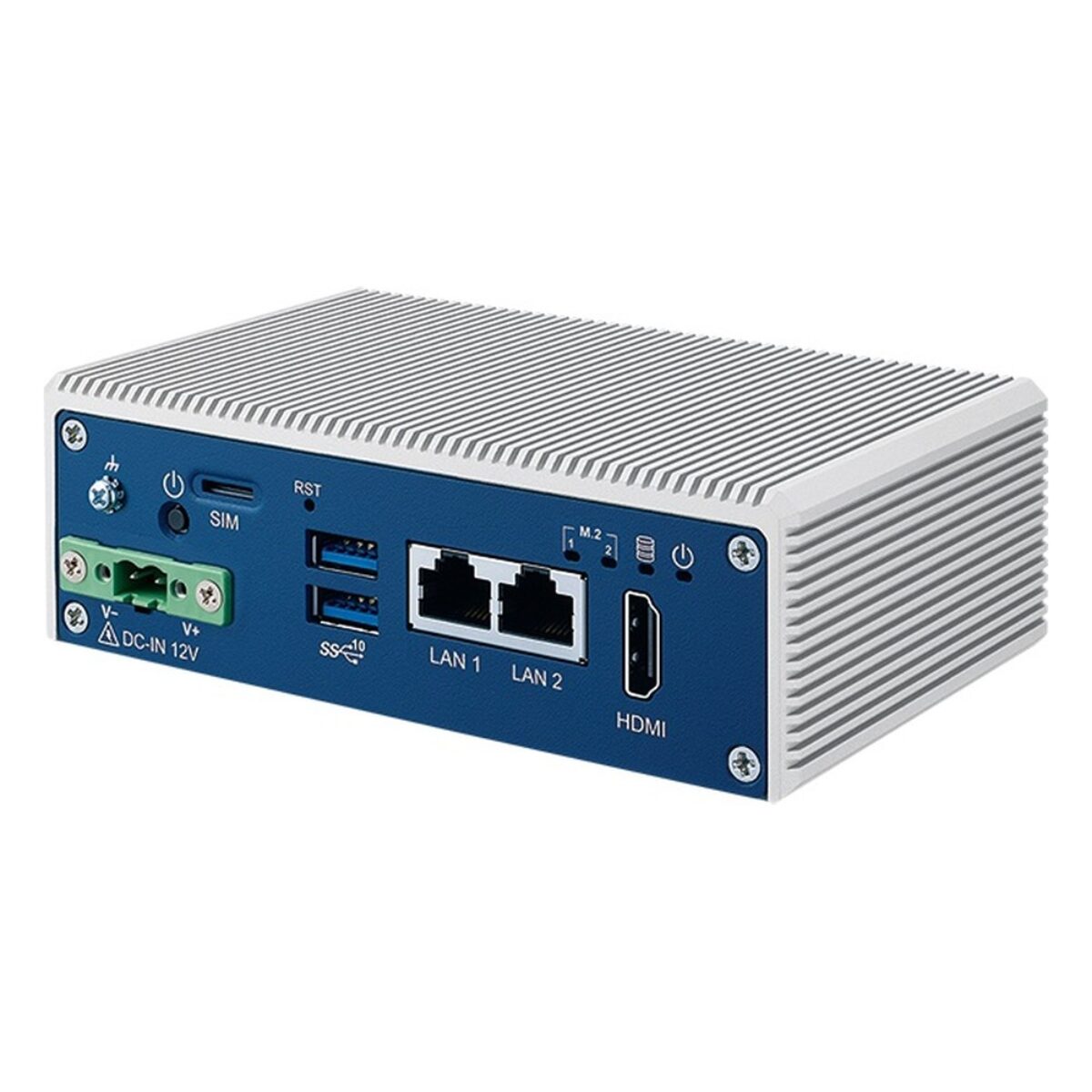 Vecow PBC-2000 fanless industrial PC, angled view with dual 2.5GbE LAN, USB, HDMI and 12 V DC terminal block