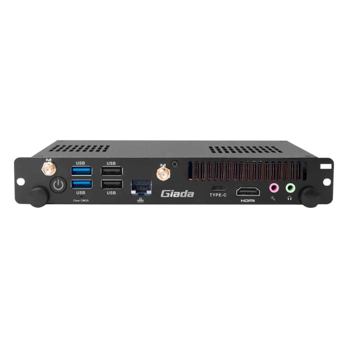 Giada PC613 OPS computer, angled view of the I/O panel