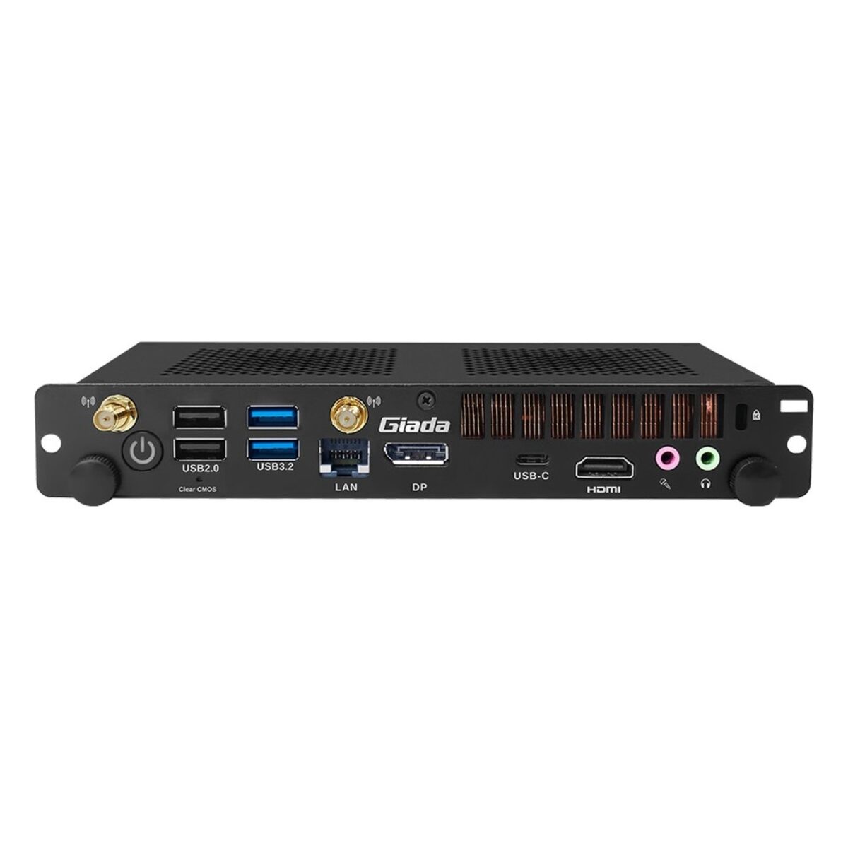 Giada PC615 OPS PC, angled view of the I/O panel with HDMI, DP and USB-C