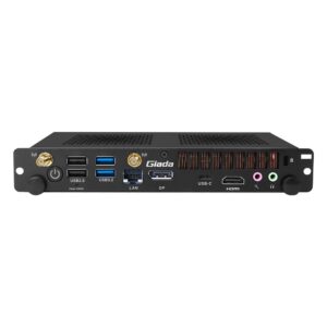 Giada PC615 OPS PC, angled view of the I/O panel with HDMI, DP and USB-C
