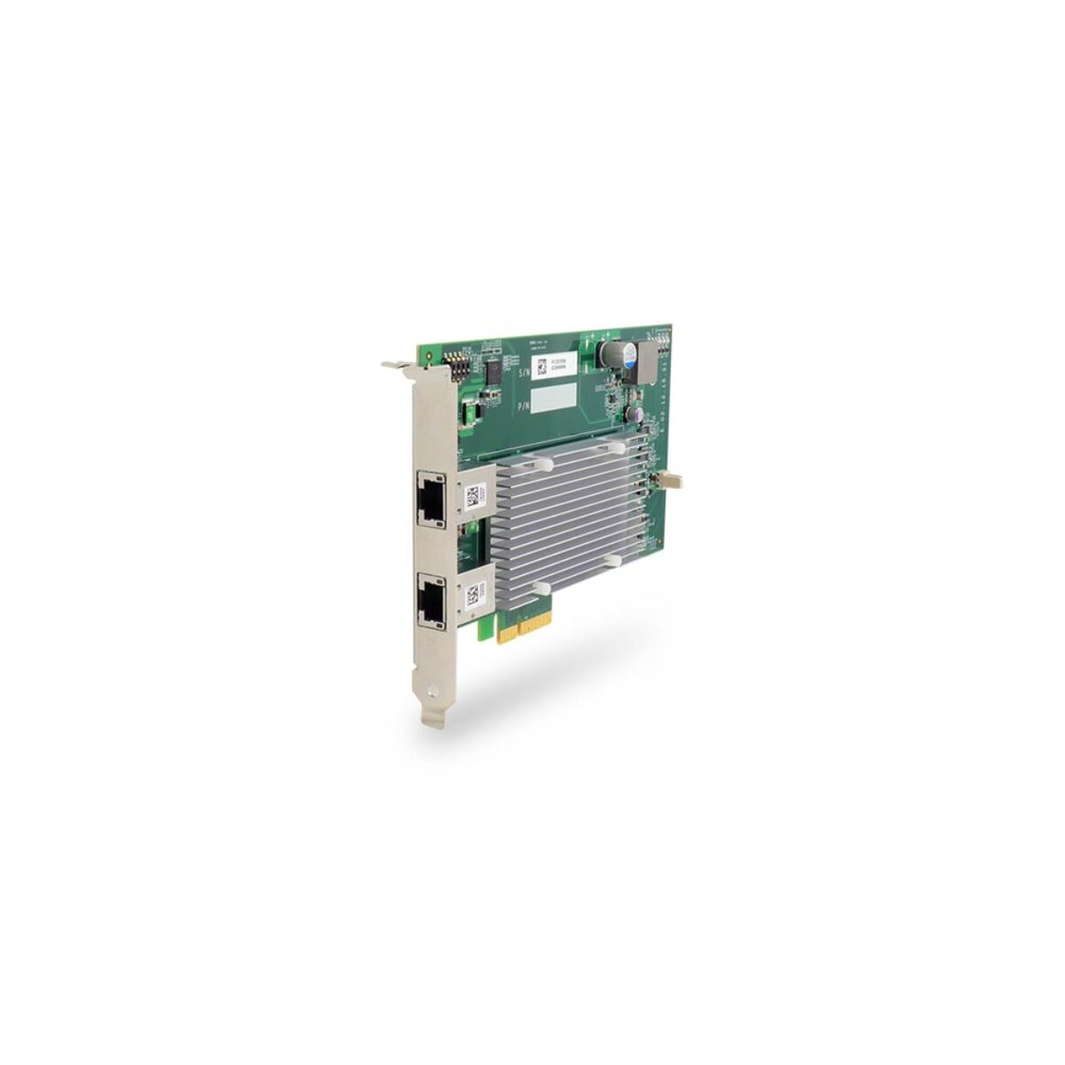 Neousys PCIe-550X 10GbE frame grabber card, angled view of two RJ45 ports and the heat sink
