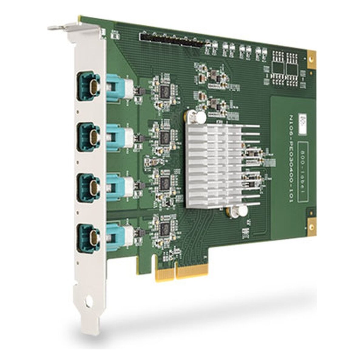Neousys PCIe-AE304bp Automotive Ethernet PCIe card, angled view with four H-MTD 1000BASE-T1 connectors on the bracket