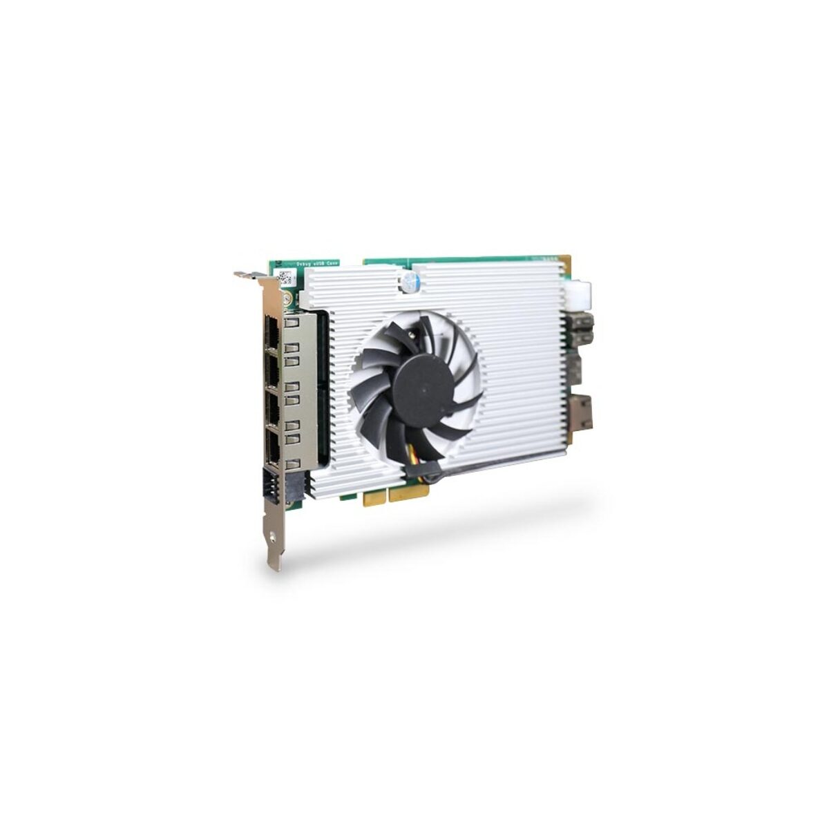 Neousys PCIe-NX154 AI frame grabber card, angled view of four RJ45 ports and fan-cooled heat sink