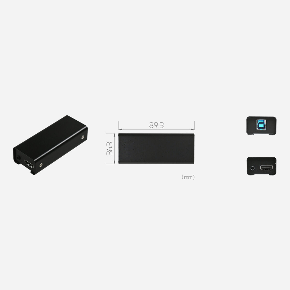 Yuan PD570 PRO HDMI USB capture dongle, angled view with dimension drawing and USB Type B and HDMI end panels