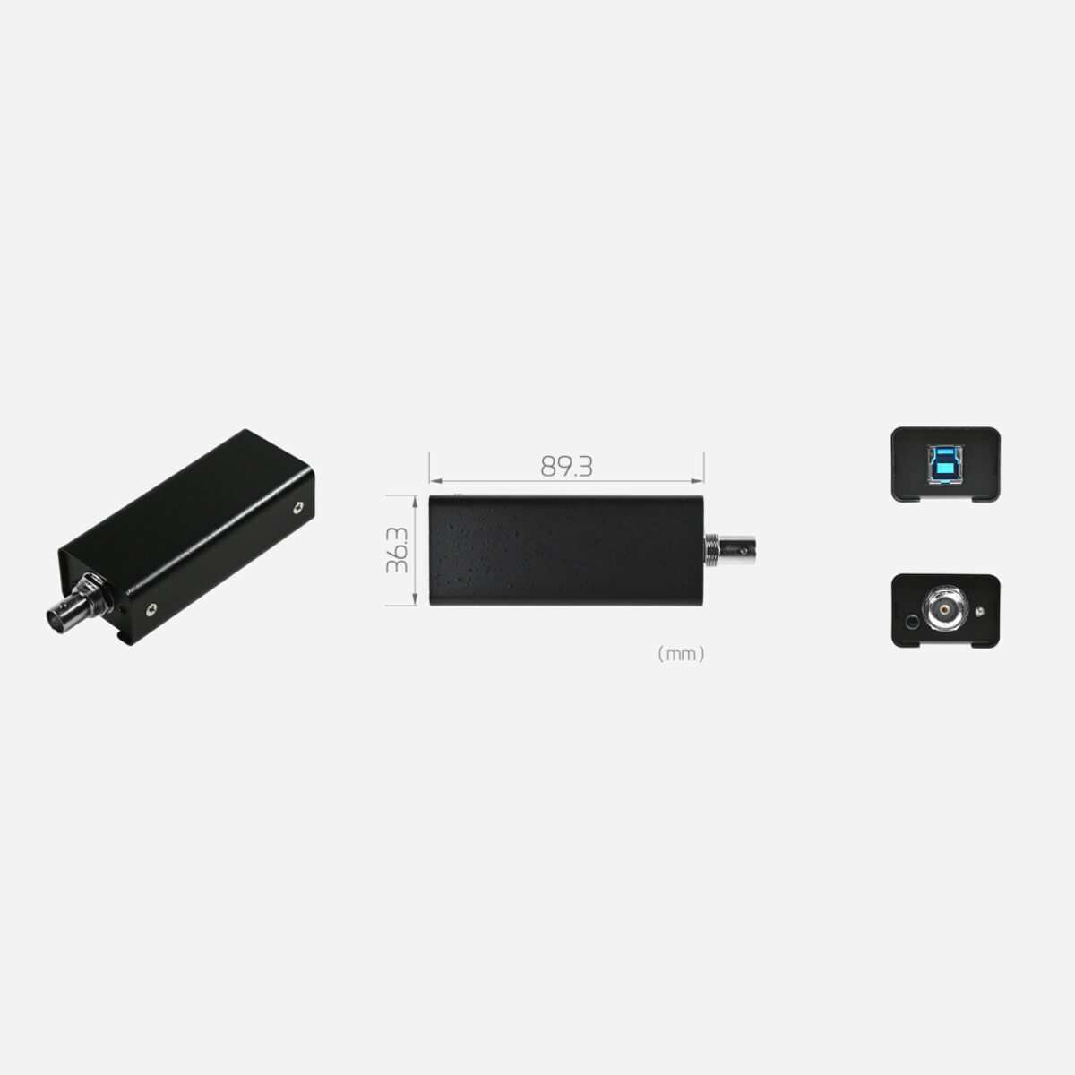 Yuan PD570 PRO SDI USB capture dongle, angled view with dimension drawing and USB Type B and BNC end panels