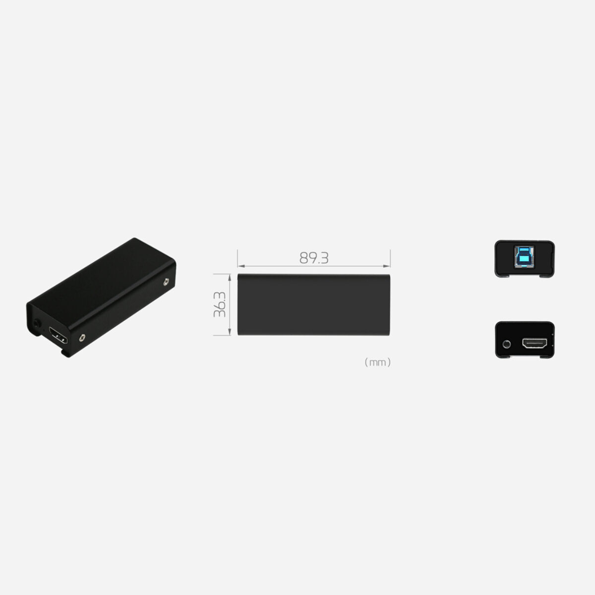 Yuan PD575 HDMI USB capture dongle, angled view with dimension drawing and USB Type B and HDMI end panels