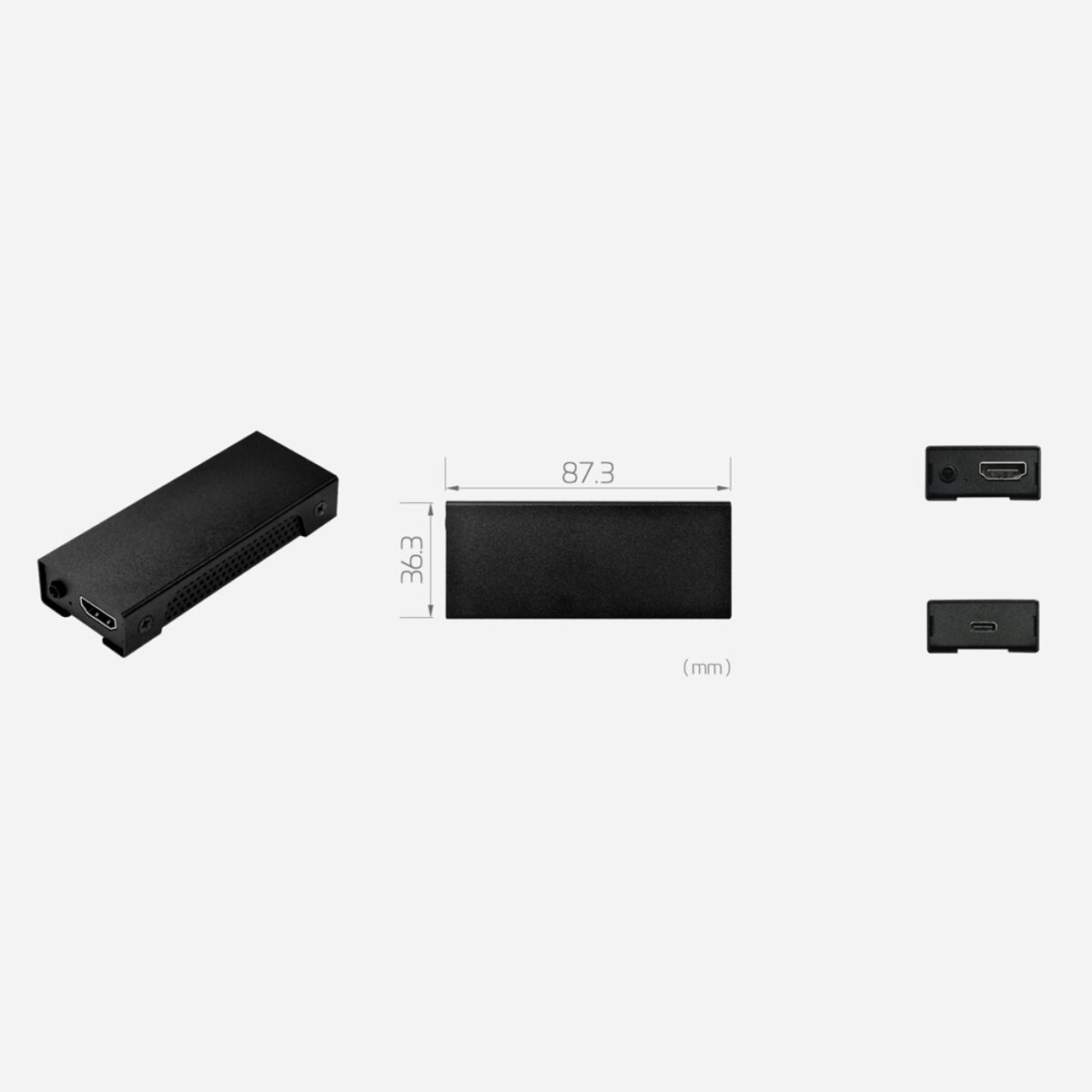 Yuan PD575 HDMI2.0 HDR USB capture dongle, angled view with dimension drawing and HDMI and USB-C end panels