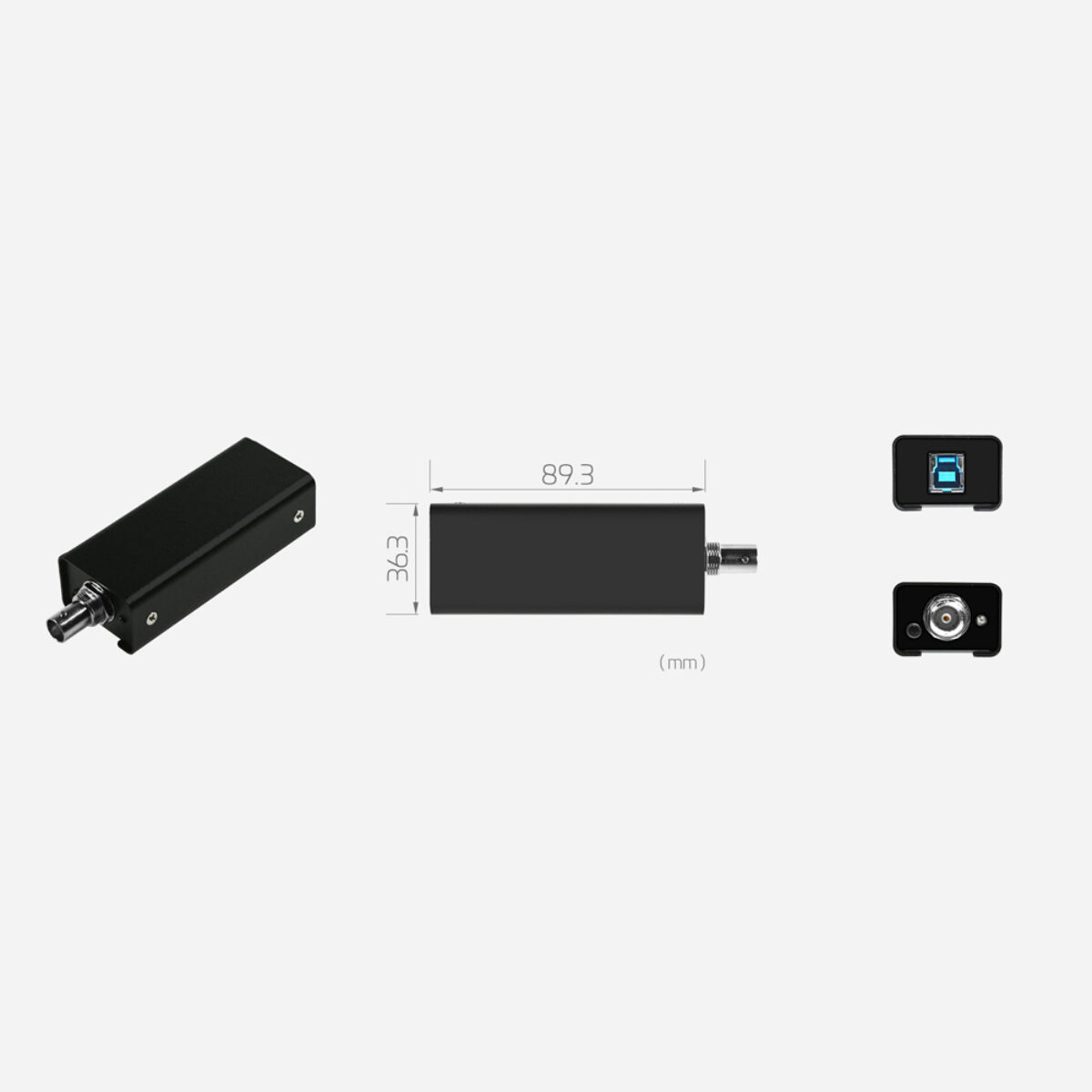 Yuan PD575 SDI USB capture dongle, angled view with dimension drawing and USB Type B and BNC end panels