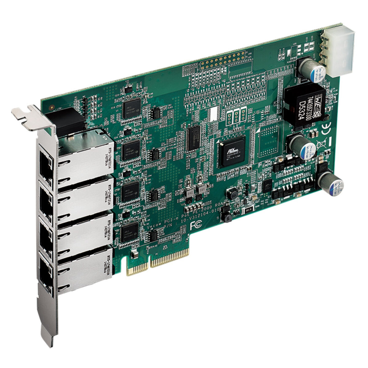 Vecow PE-2000 PoE+ card, angled view of the four-port build with stacked RJ45 ports and power connector