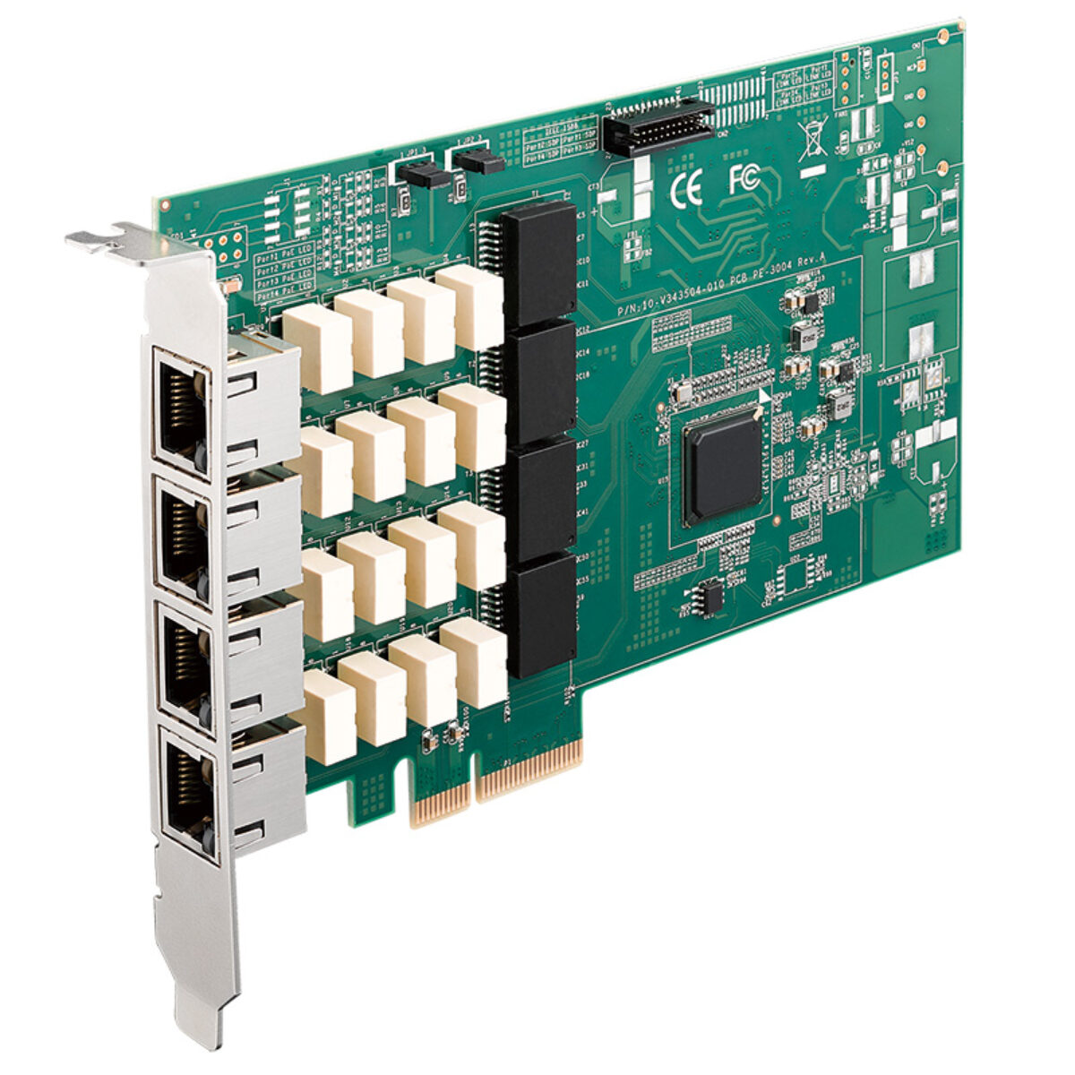 Vecow PE-3000 Gigabit LAN card, angled view with four RJ45 ports and rows of white relays behind them