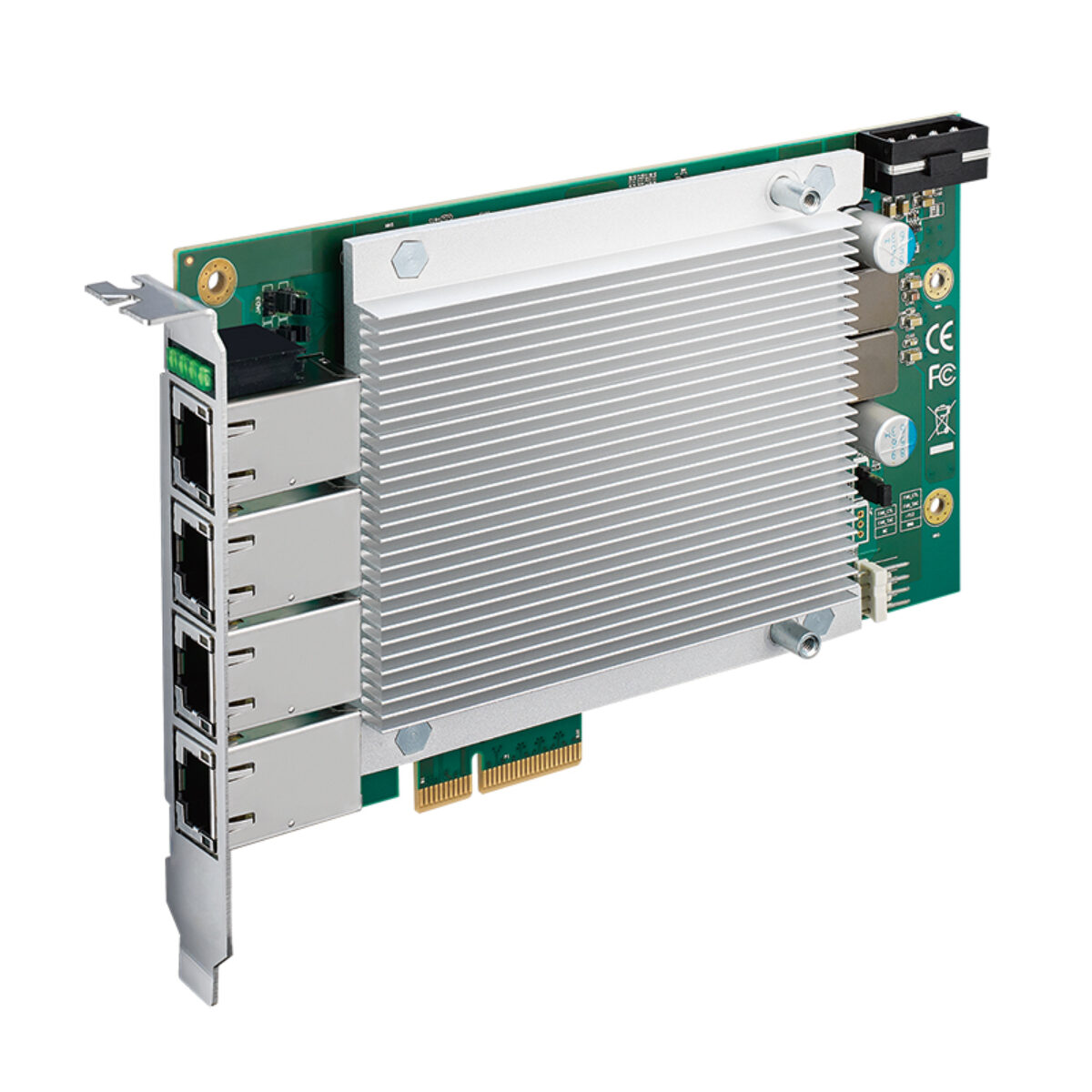 Vecow PE-5004 10GbE PoE+ card, angled view with four RJ45 ports, silver heat sink and PoE status LEDs