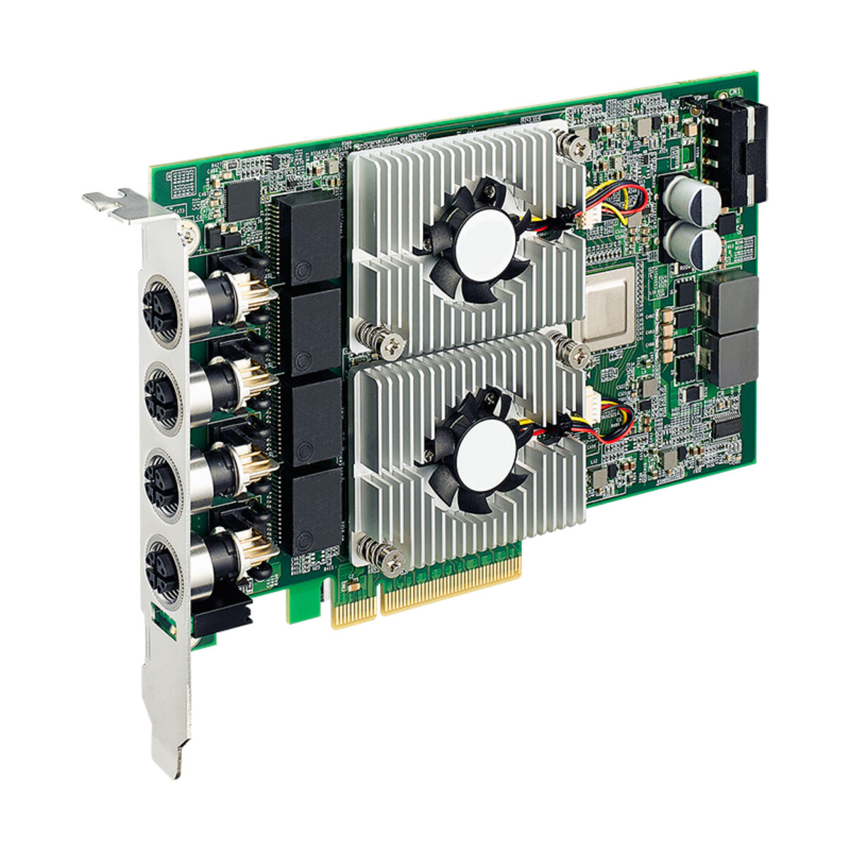 Vecow PE-8004MX M12 10GbE PoE+ card, angled view with four M12 connectors and two fan-cooled heat sinks