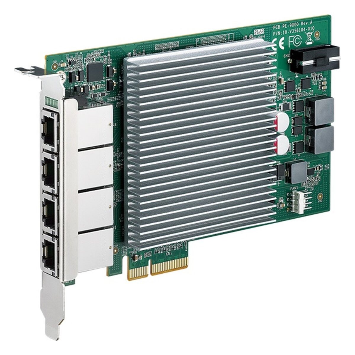 Vecow PE-9004 four-port 10GbE PoE+ PCIe card with heatsink and auxiliary power connector