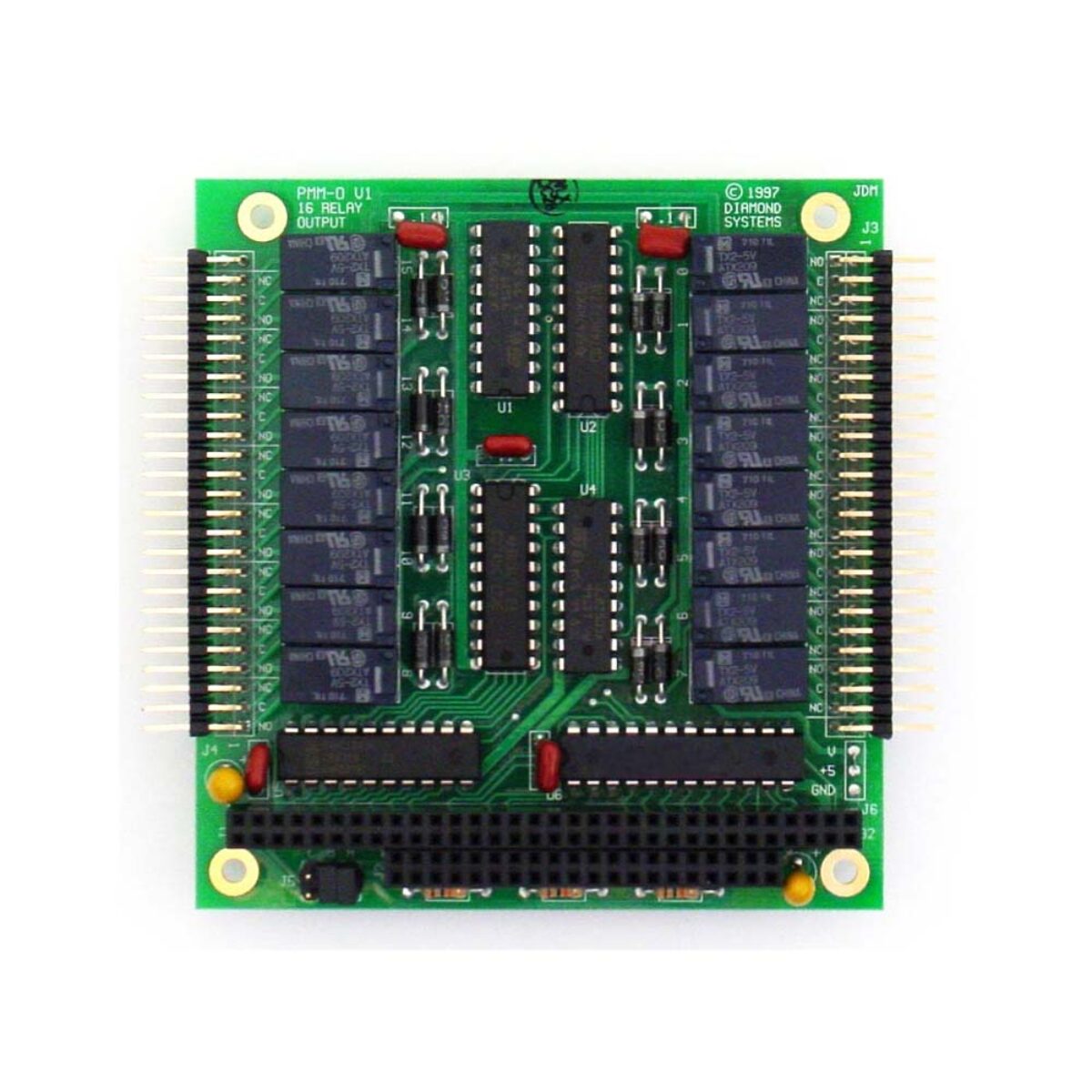 Diamond Systems PEARL-MM PC/104 relay output module, top view with 16 relays, two I/O headers and ISA stack connector