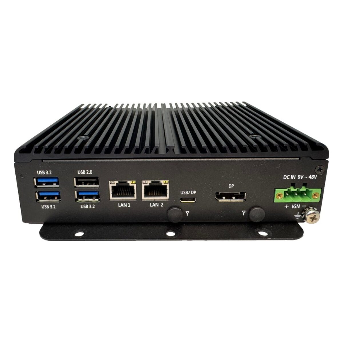 Arestech PM-2200/2250 fanless modular PC, I/O side with USB, dual RJ45, USB-C, DisplayPort and terminal block on a base plate
