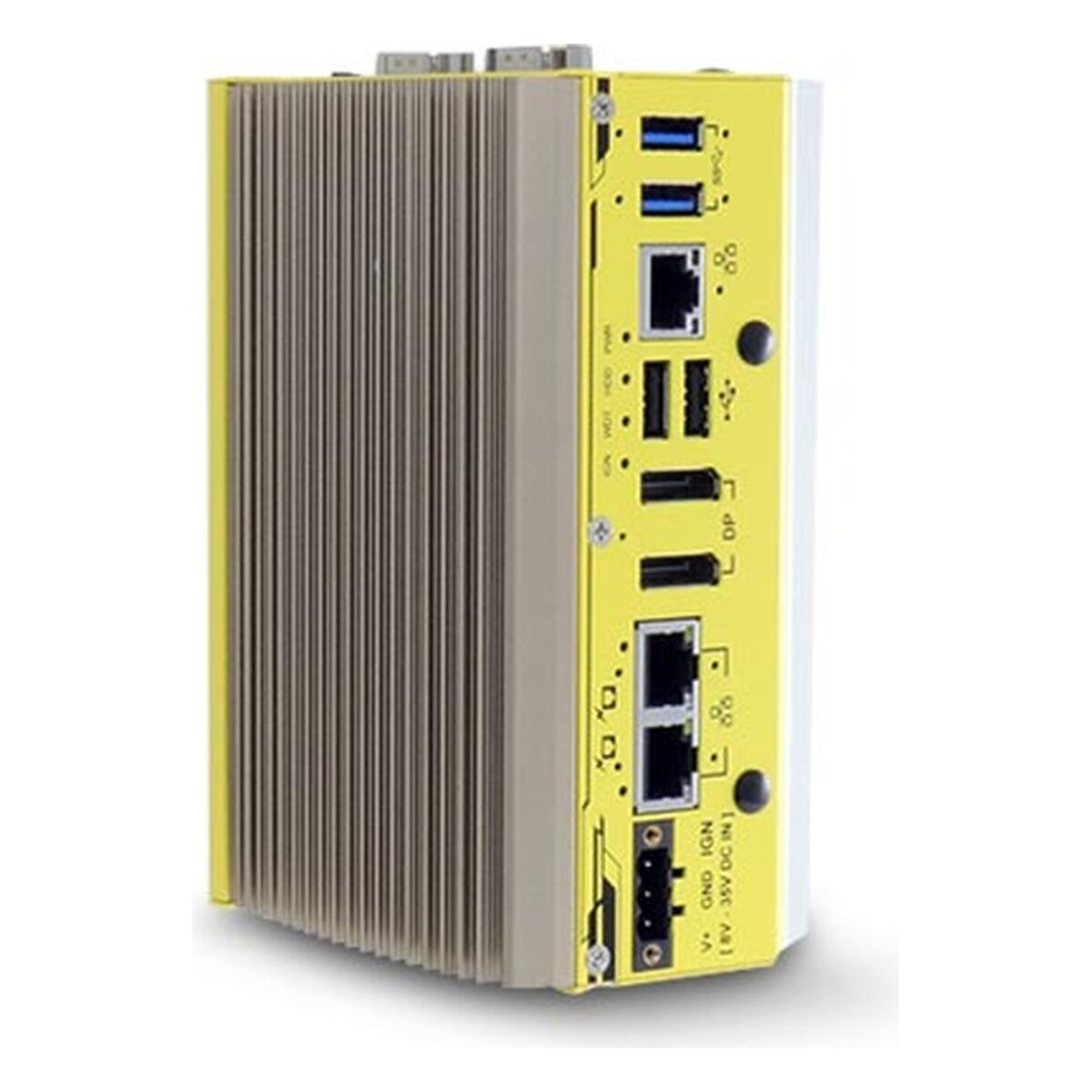 Neousys POC-451VTC in-vehicle computer, angled view of the narrow finned chassis with USB, 2.5GbE, DisplayPort and DC input