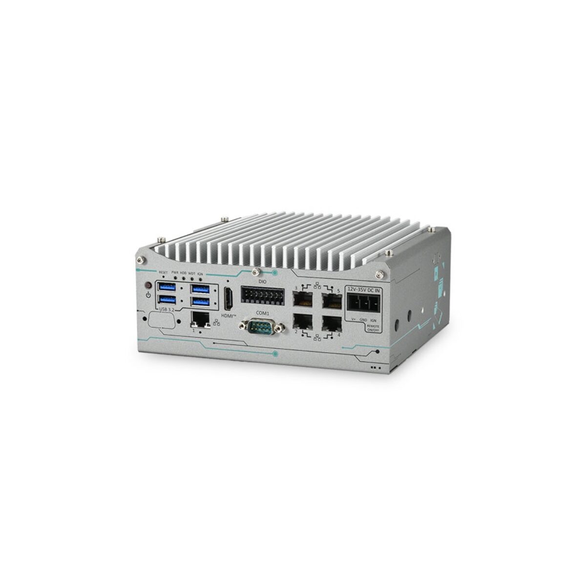 Neousys POC-960GC compact edge AI box PC, three-quarter view with finned heatsink, USB 3.2, HDMI, GbE and DC input