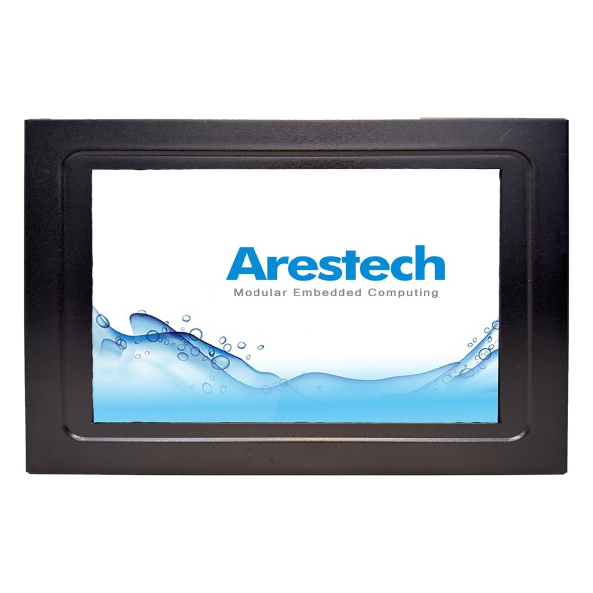 Arestech PPC-2112 fanless panel PC, front view of the widescreen display in a flat black bezel