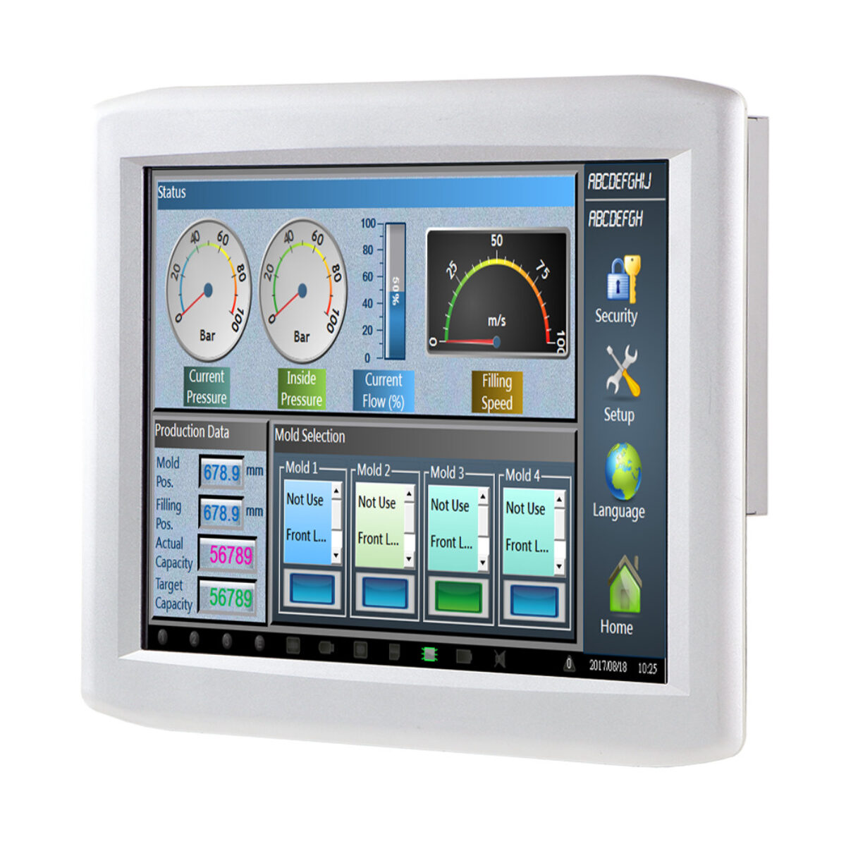 Arestech PPC-N157 panel PC, angled front view of the silver-white bezel and touch display showing an HMI screen