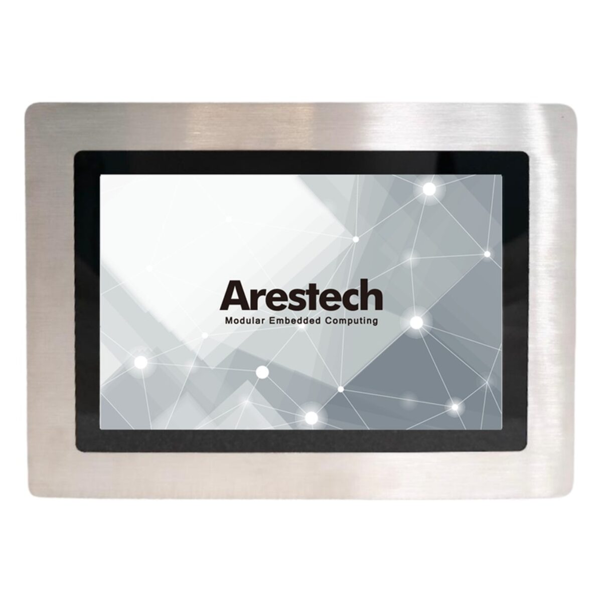 Arestech PPC-S1012 industrial HMI panel PC with stainless front, front view of the widescreen display in a brushed bezel