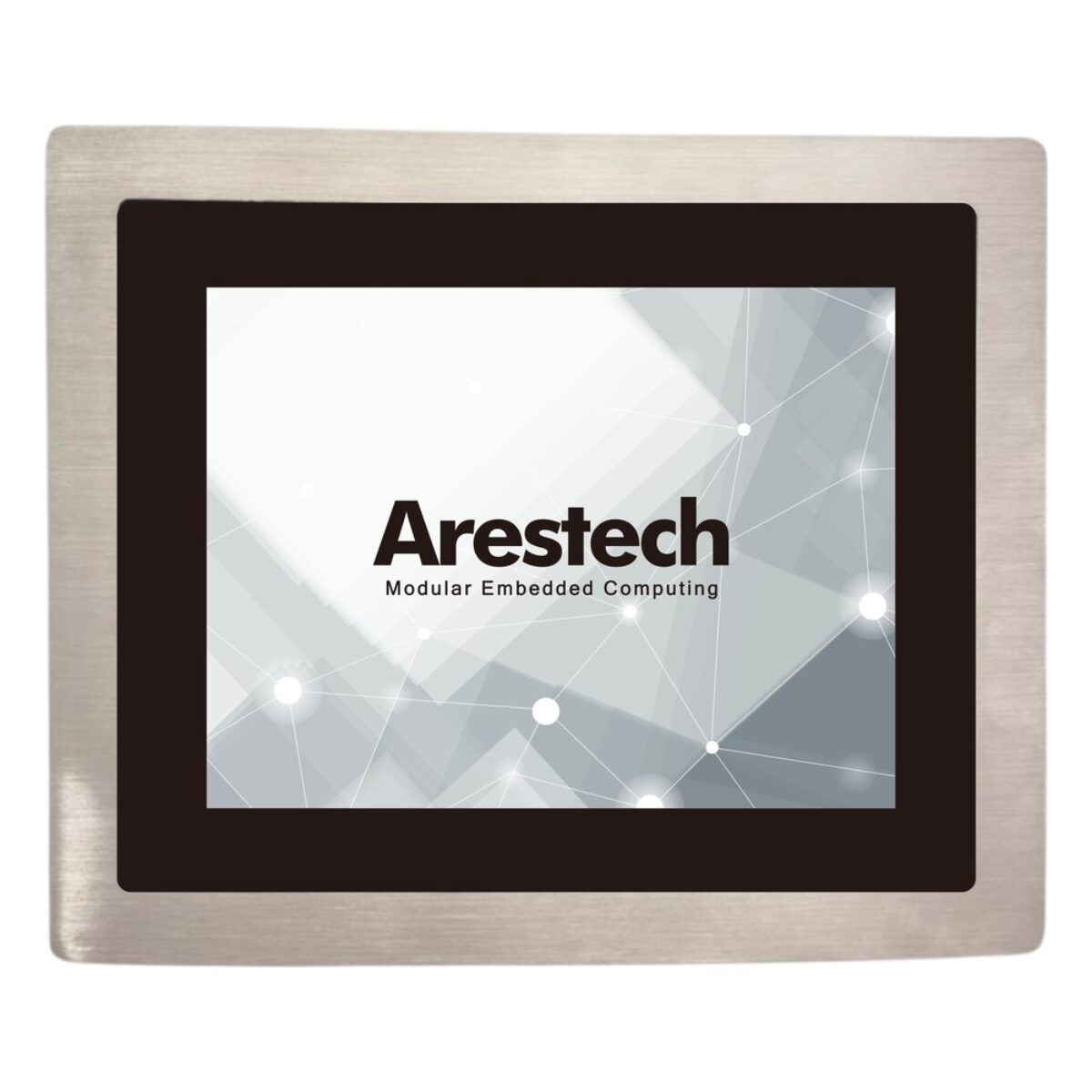 Arestech PPC-S1264 industrial HMI panel PC with stainless front, front view of the display in a brushed steel bezel