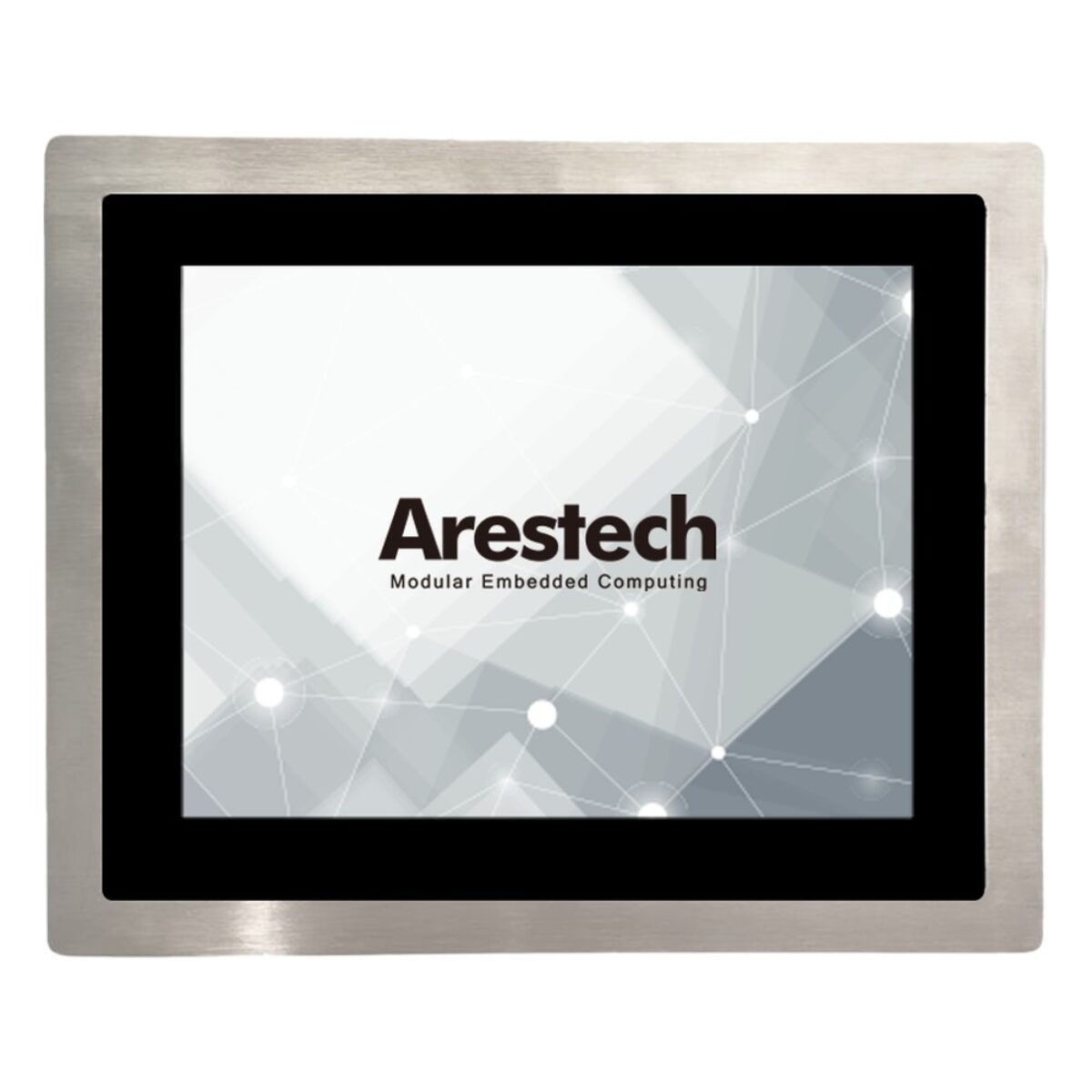 Arestech PPC-S1564 industrial HMI panel PC with stainless front, front view of the display in a brushed steel bezel