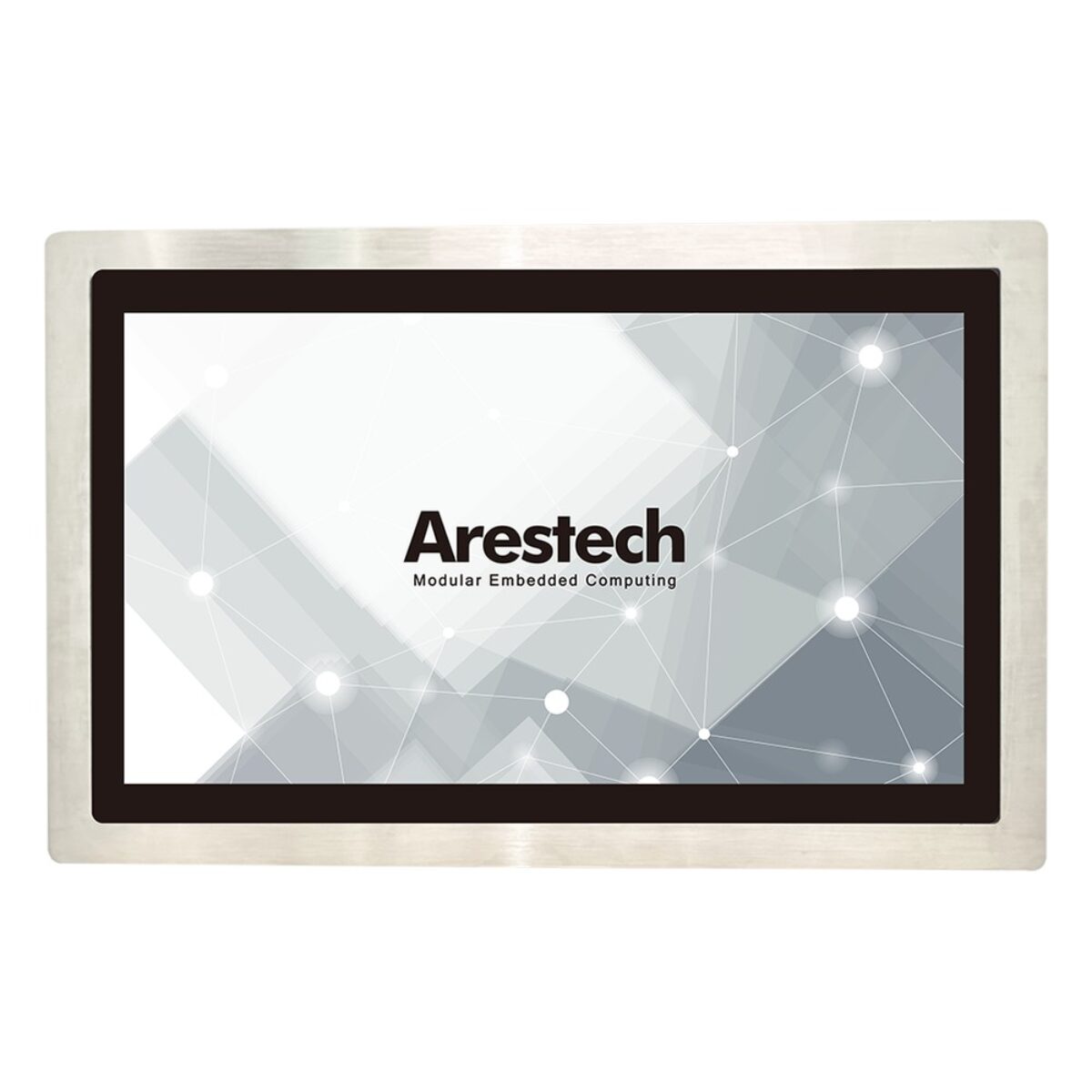 Arestech PPC-S2164 industrial HMI panel PC with stainless front, front view of the widescreen display in a brushed bezel