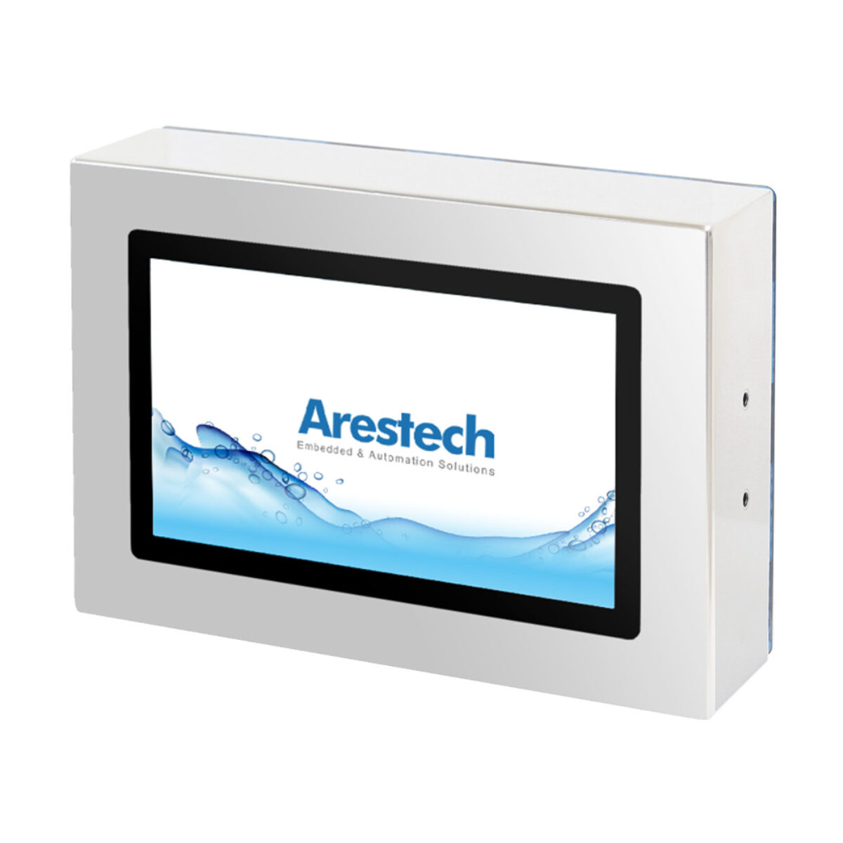 Arestech PPC-Z103PW stainless steel panel PC, front view with 10.1-inch widescreen display in a flat stainless steel bezel