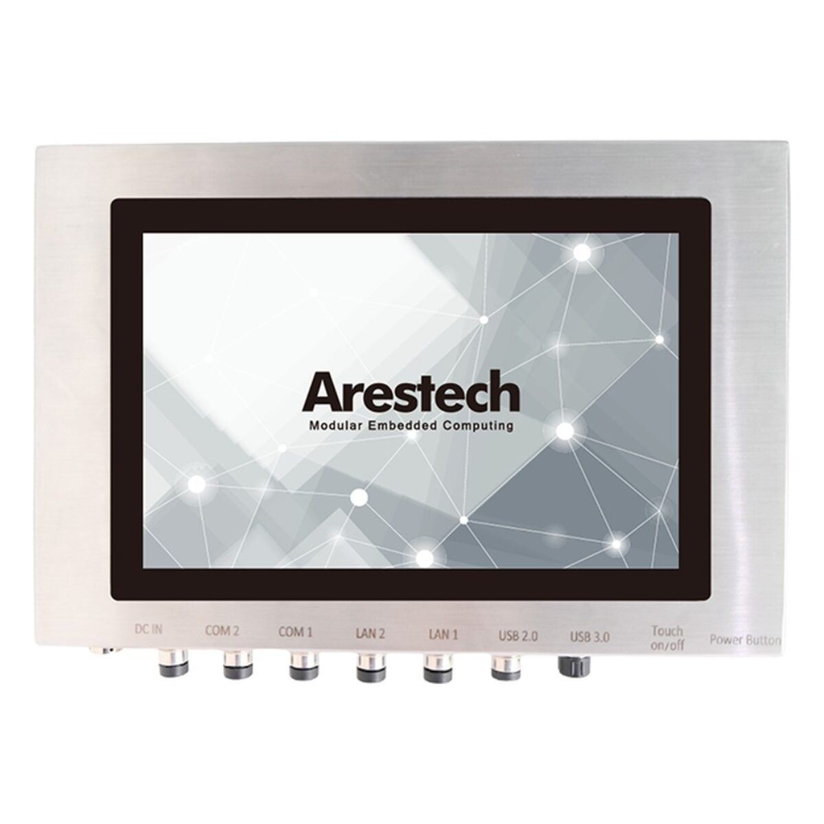 Arestech PPC-Z1064 stainless steel panel PC, front view with labeled M12 connectors along the bottom edge