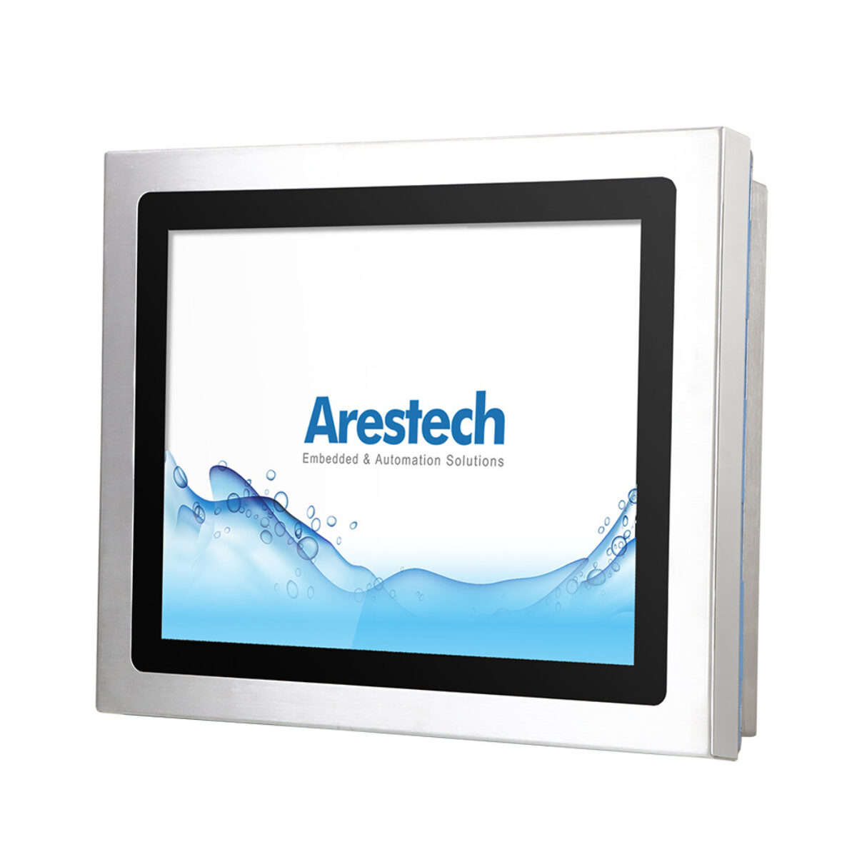 Arestech PPC-Z152 stainless steel panel PC, front view of the 15-inch 4:3 touch display in a flat stainless steel bezel