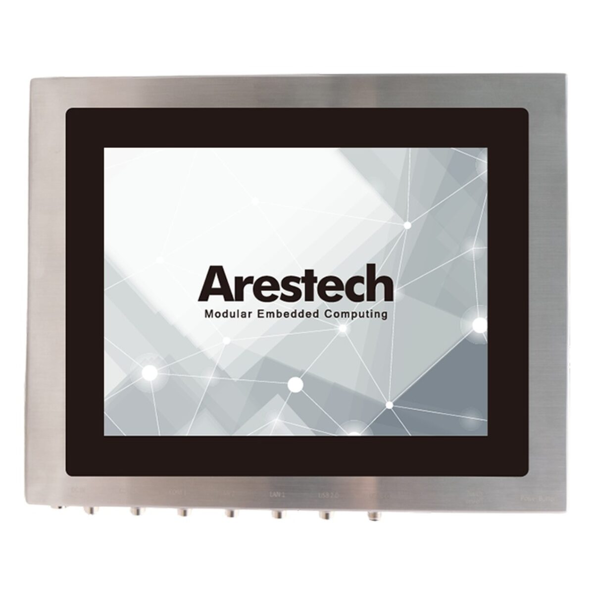 Arestech PPC-Z1564 stainless steel panel PC, front view of the display with M12 connectors on the lower edge