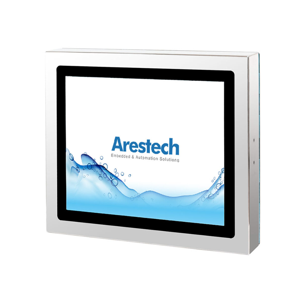 Arestech PPC-Z157 stainless steel panel PC, front three-quarter view showing the stainless steel housing