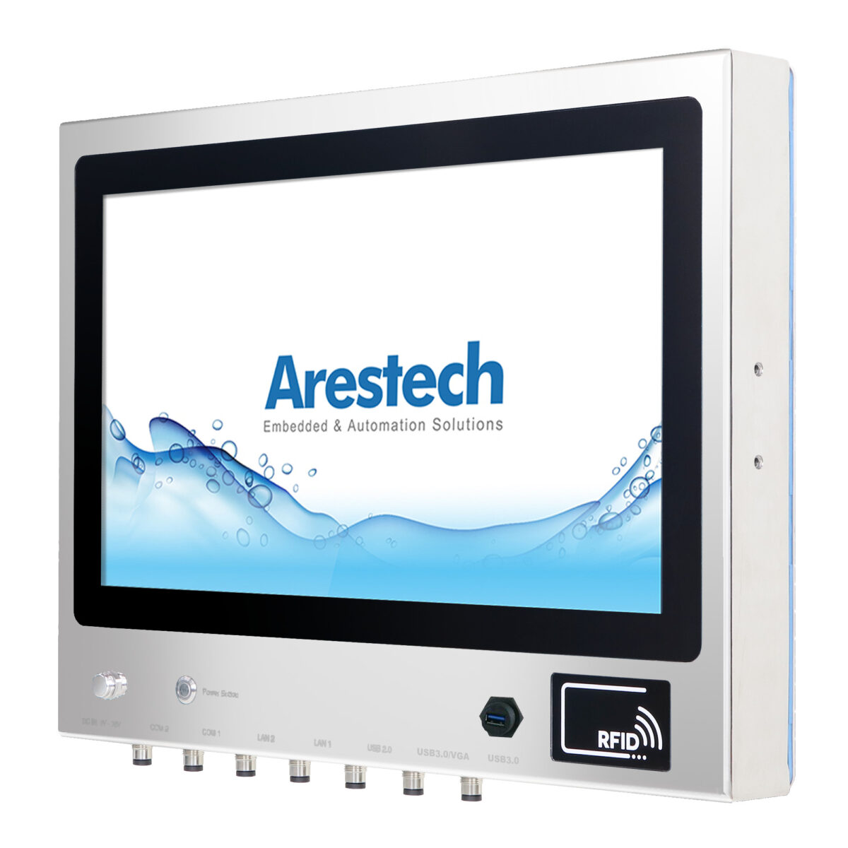 Arestech PPC-Z217 stainless steel panel PC, widescreen front with RFID reader, front USB port and bottom M12 I/O