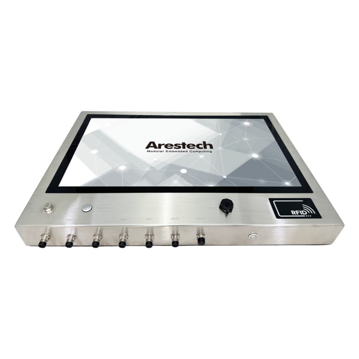 Arestech PPC-Z2464 stainless steel panel PC, top-down view of the capped M12 connector row, power button and RFID area