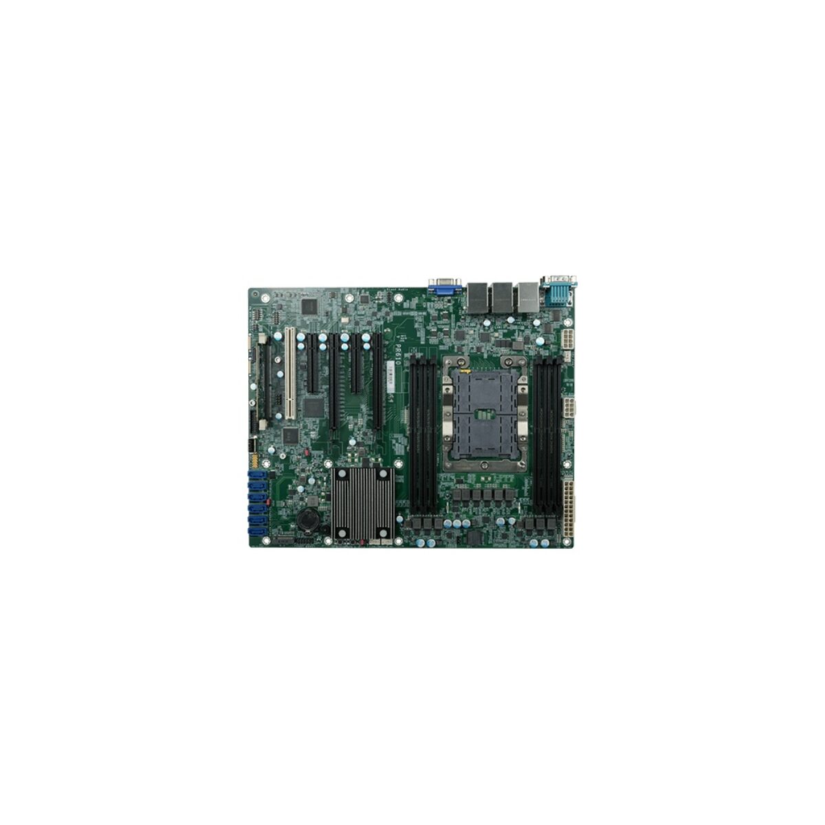 DFI PR610 ATX motherboard, top view with LGA socket, six DIMM slots, PCIe and PCI slots and SATA ports